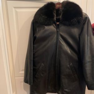 Black leather coat with fur collar